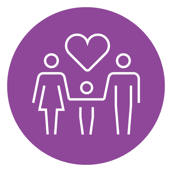 A purple icon of a family holding hands with a heart floating above them.