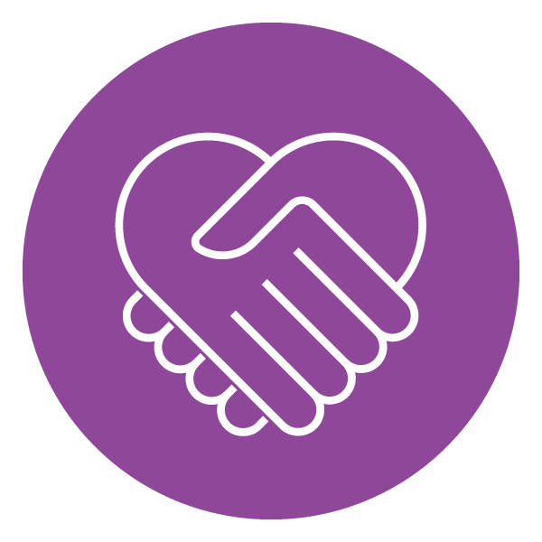 A purple icon of hands shaking which outline a heart shape.