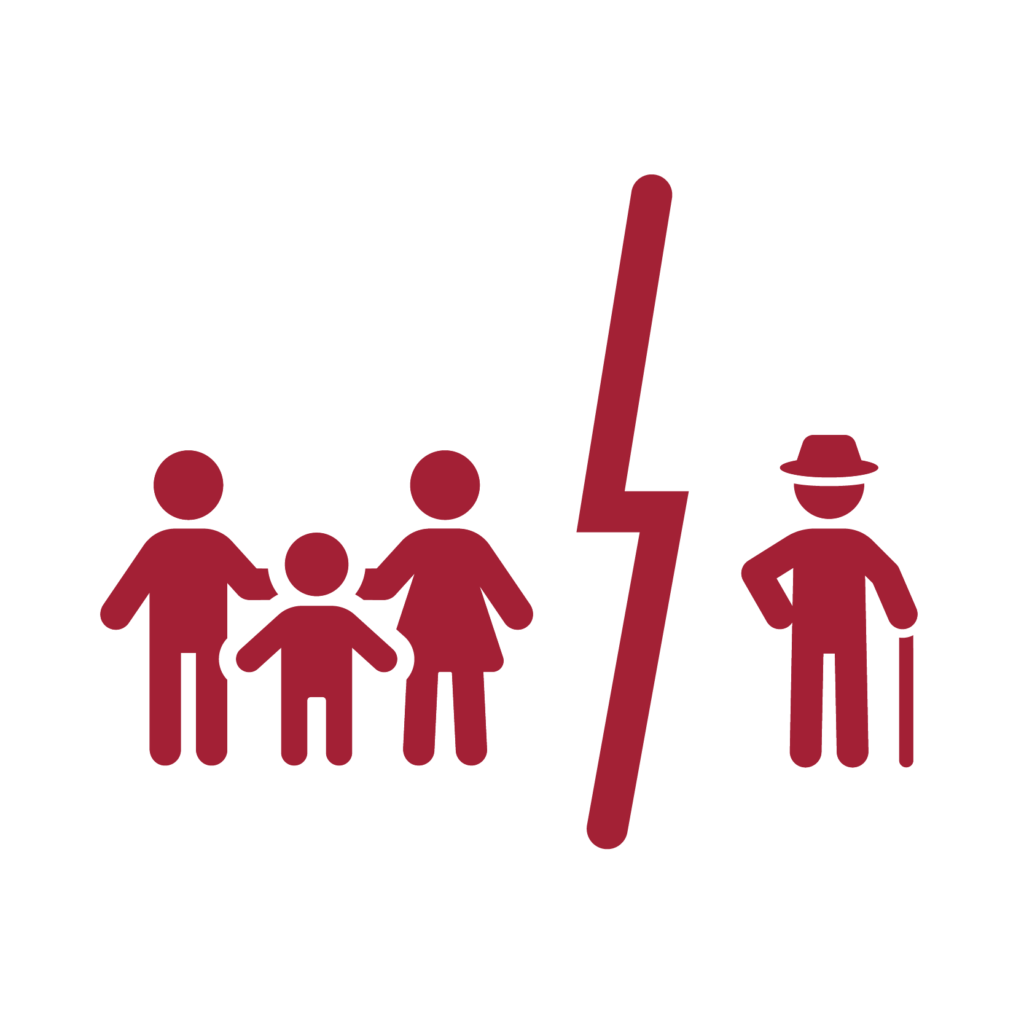 An icon of a family separated by an older person wearing a hat and carrying a cane.