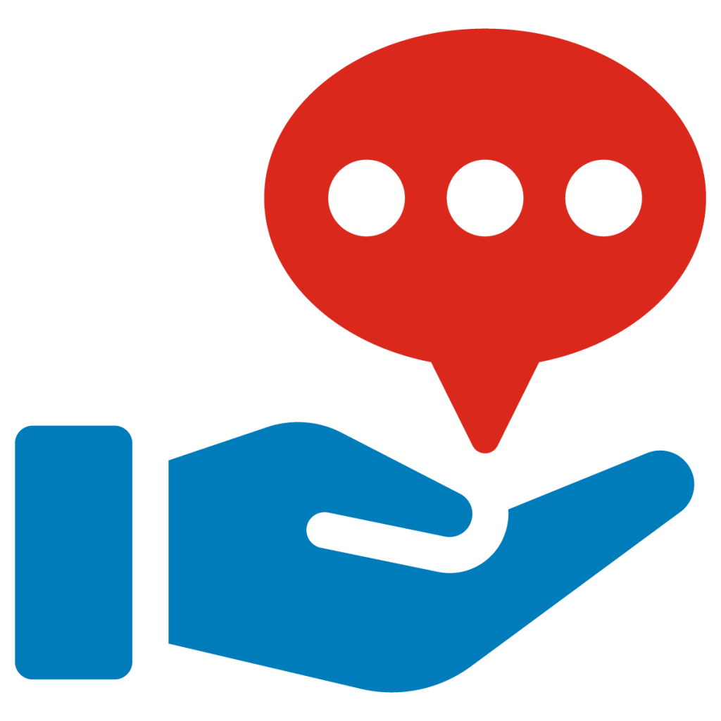 An illustration of a hand holding a chat bubble.